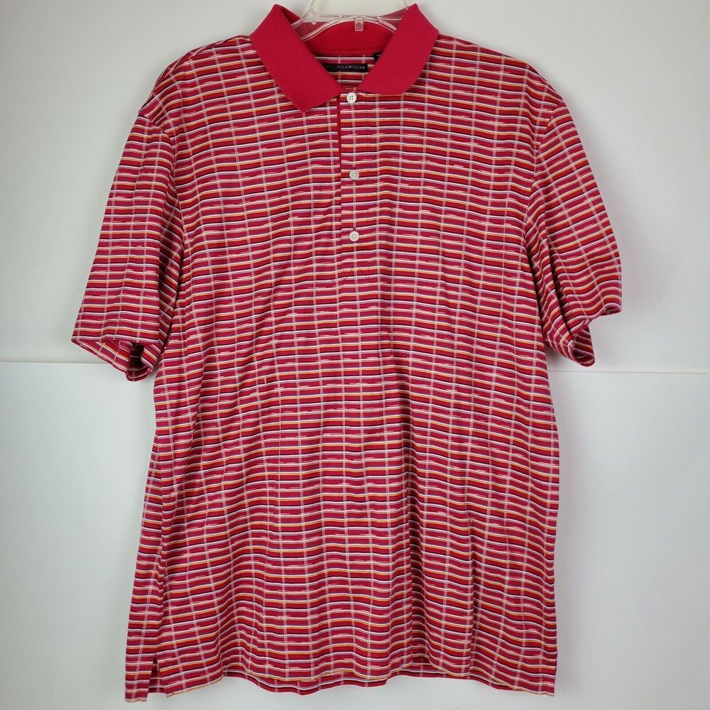 Greg Norman Men's Large‎ Polo Golf Shirt Red Geometric Striped